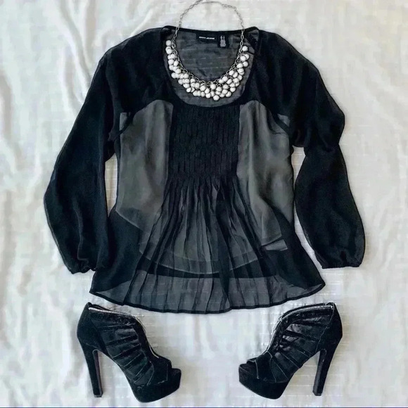 DKNY Jeans sheer black pleated top - Picture 1 of 7